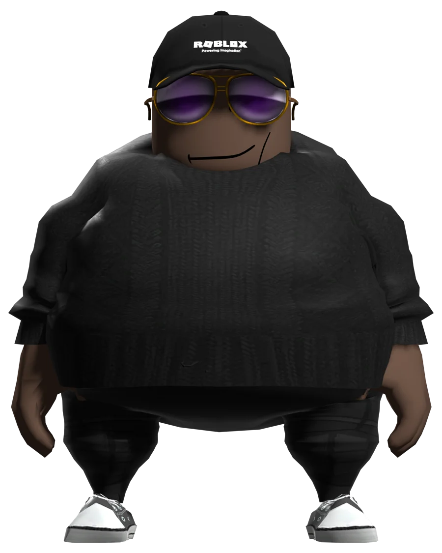 ManiroLiro's Roblox avatar: black cap, purple aviators, black knit sweater.